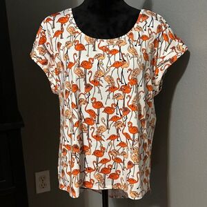Tacera White 1X Flamingo Print Short Sleeve Top Plus Tropical Kitsch Y2K
